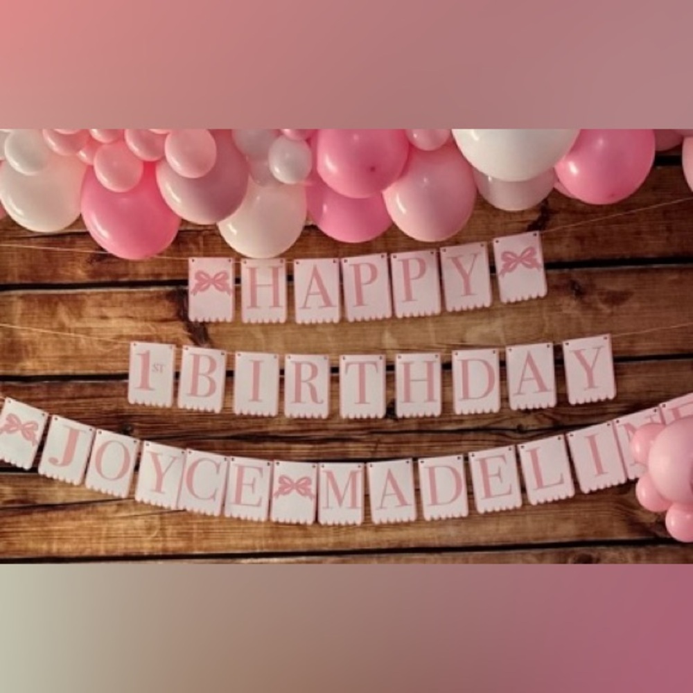 Pink Bow Happy 1st Birthday Bundle, Bow banner bundle party decorations